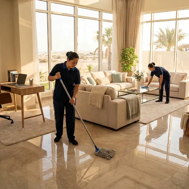 Two cleaners mopping the floor and wiping a glass coffee table