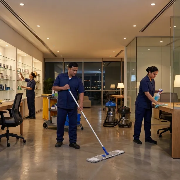 Three uniformed cleaners mopping and wiping desks in a modern office at night