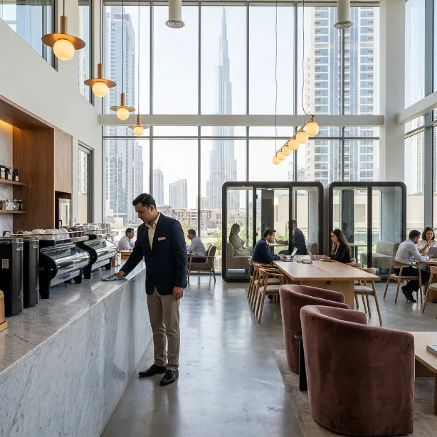 Professional cleaner maintaining a modern co-working space in Dubai