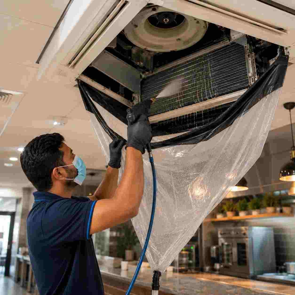 Technician cleaning a commercial ceiling cassette AC coil