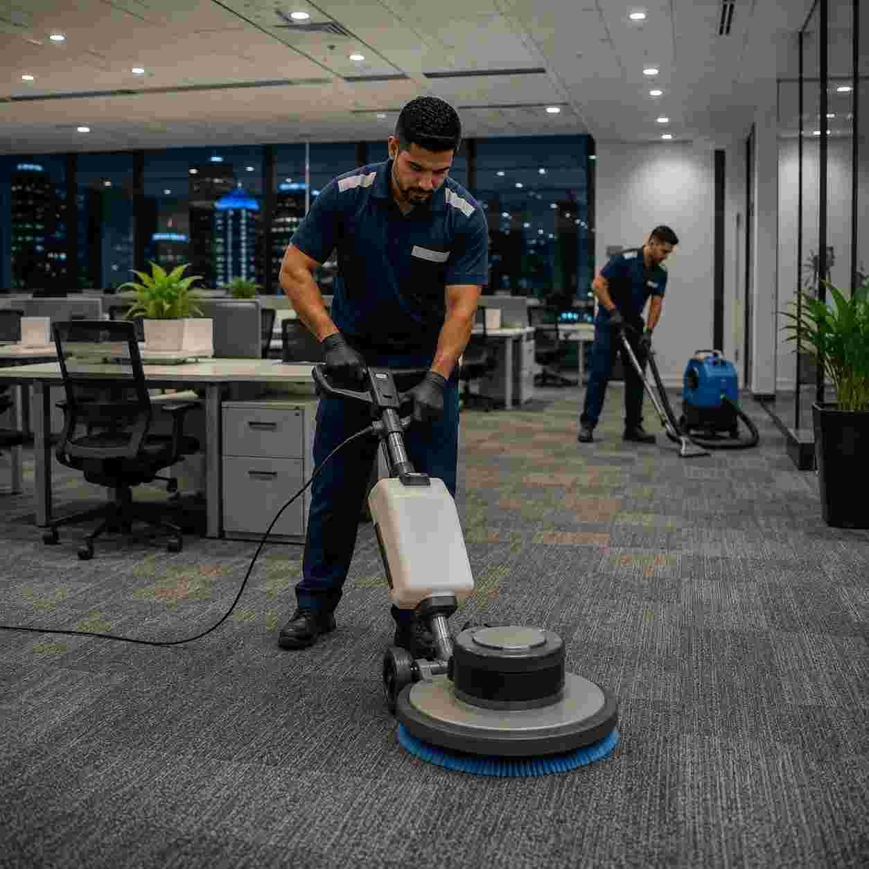 Professional carpet cleaning team deep cleaning a large office carpet in Business Bay Dubai