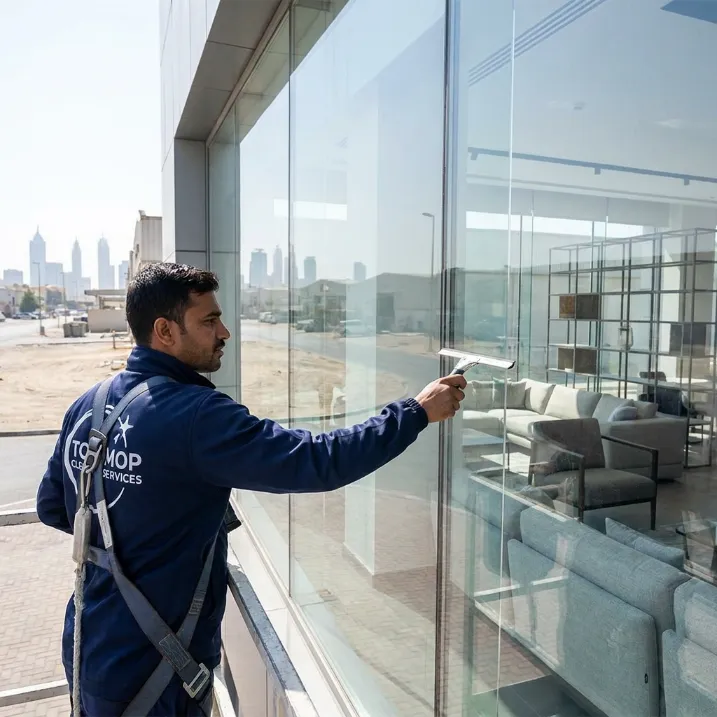 Professional cleaner washing exterior glass façade of a Dubai building