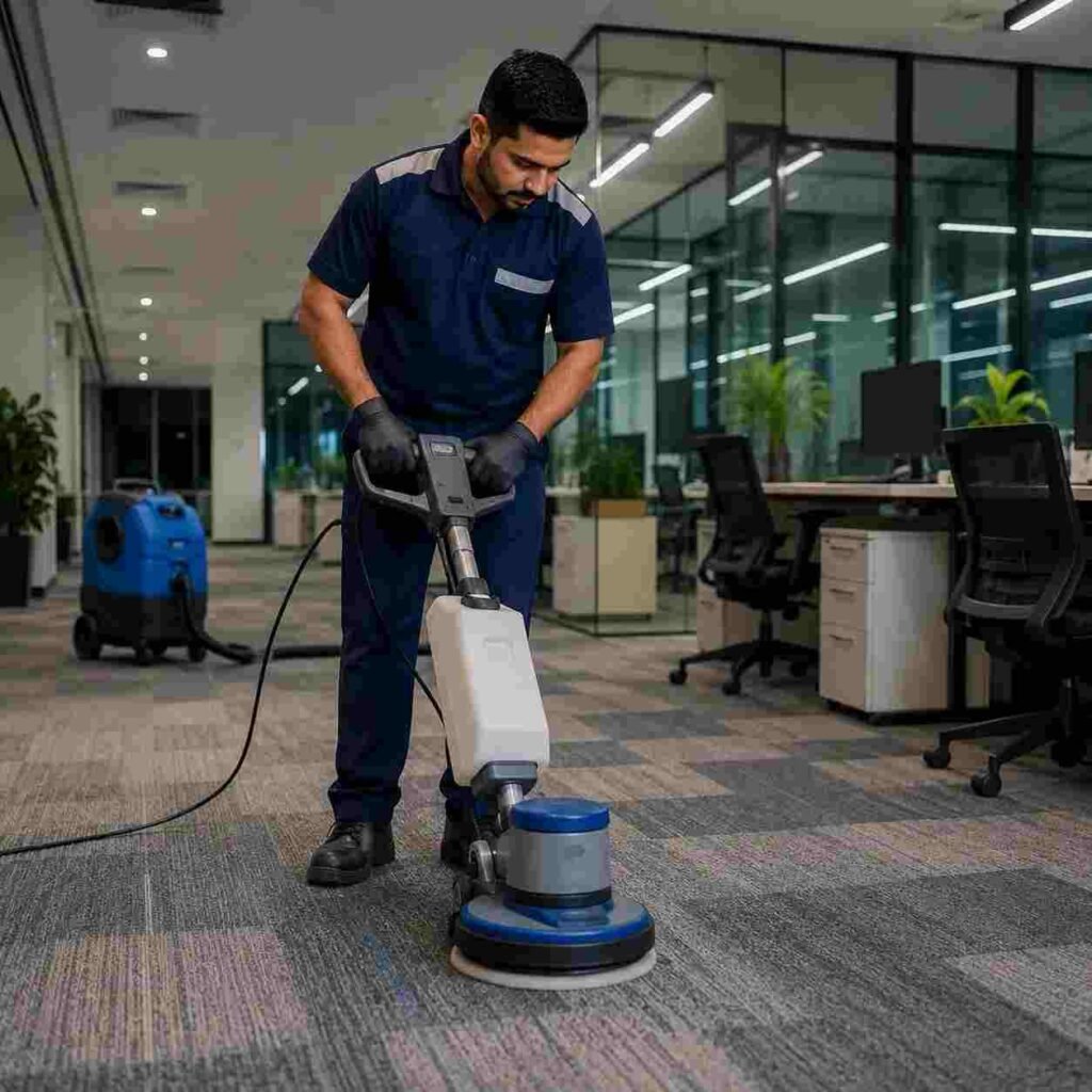 Professional technician cleaning carpet flooring inside a modern Dubai office