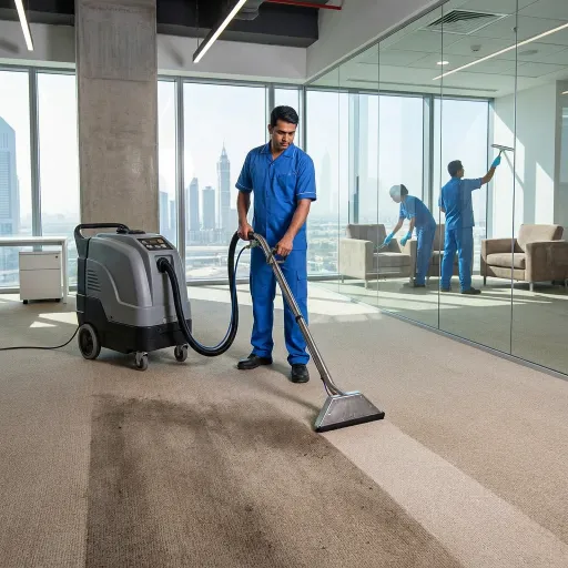 Professional cleaners deep cleaning a modern office in Dubai