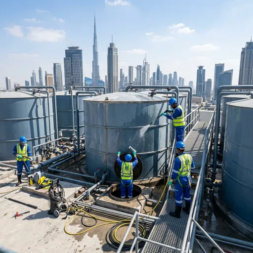 Cleaning technicians pressure washing large rooftop water tanks in Dubai