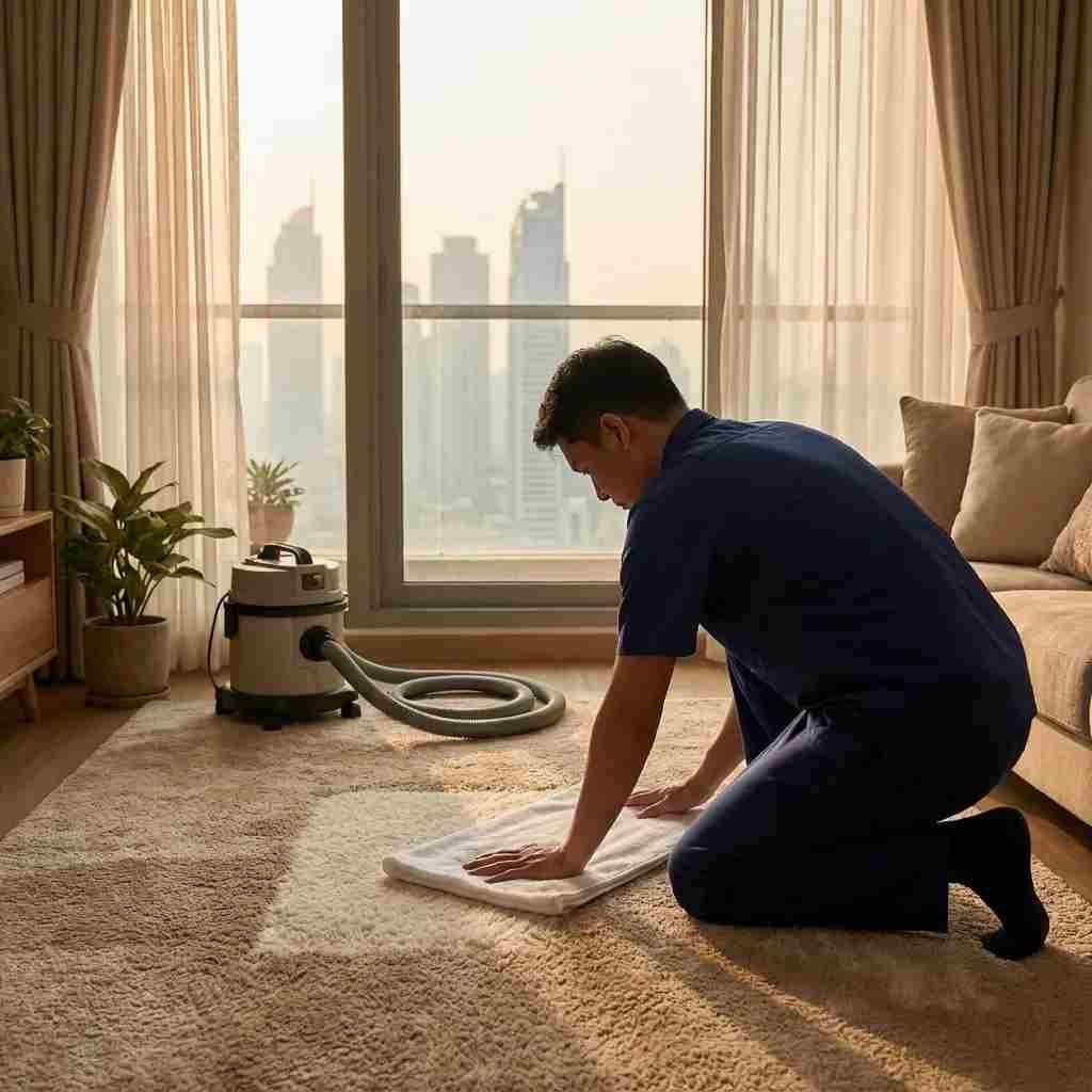 A Top Mop technician pressing a clean white towel against a freshly extracted section of a light beige living room carpet in an Abu Dhabi home, showing the visible difference between lifted, lighter fibers and the surrounding flattened, dust-shadowed area