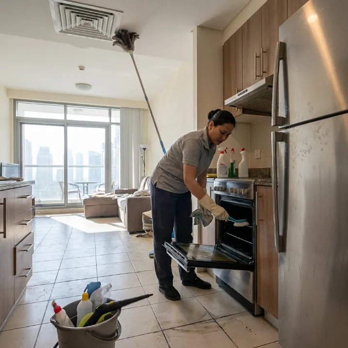 Professional cleaner performing detailed deep cleaning in a Dubai home