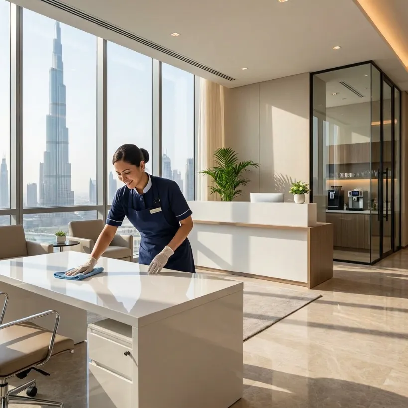 Professional cleaner dusting office shelves and surfaces in Dubai