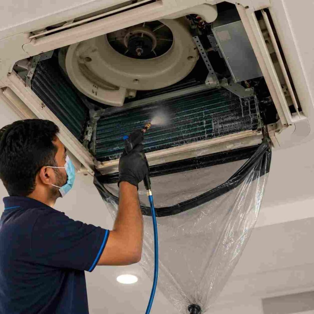 Technician cleaning the coil inside a ceiling cassette AC unit