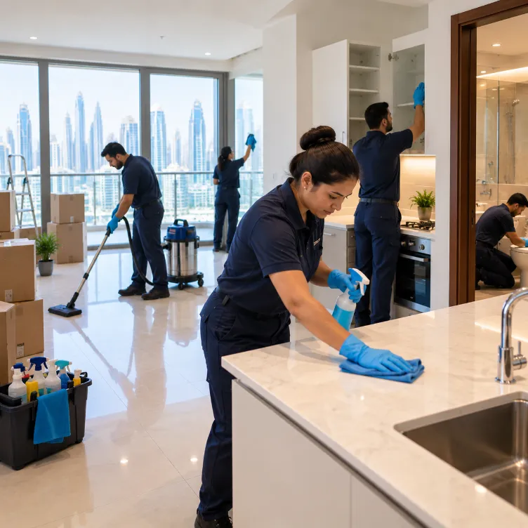 Professional cleaners providing urgent move-out cleaning in a Dubai apartment