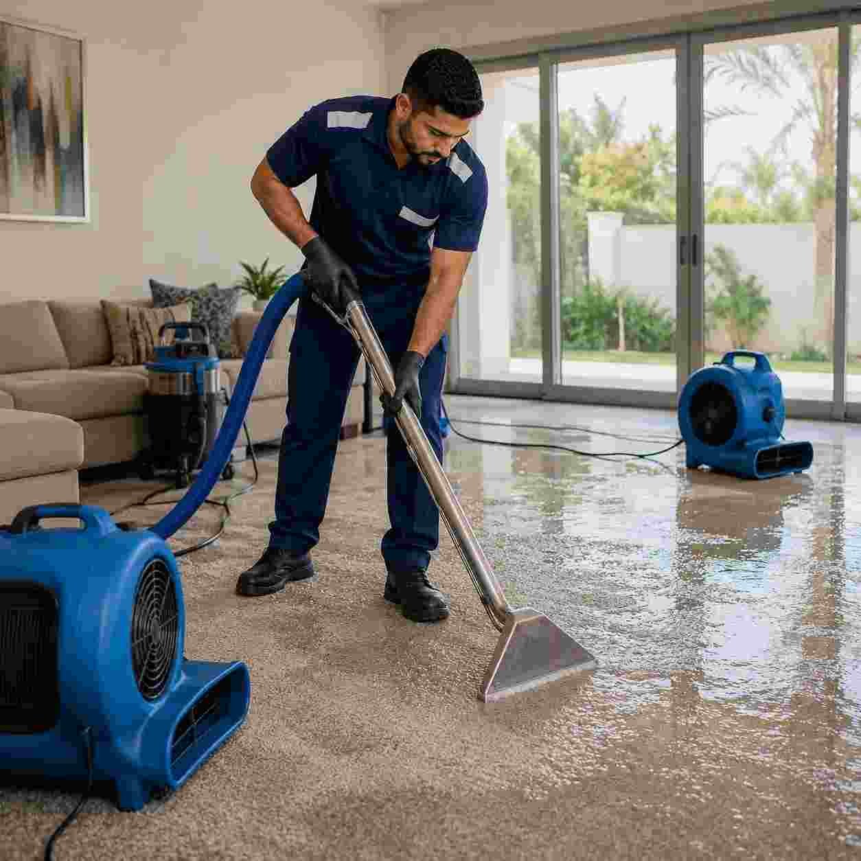 Technician extracting flood water from a wet carpet inside a Dubai villa