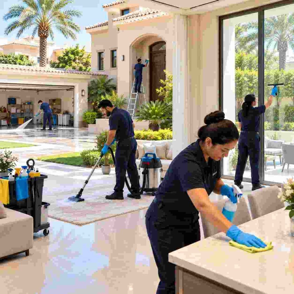 Professional cleaning team deep cleaning a four-bedroom villa in Arabian Ranches Dubai
