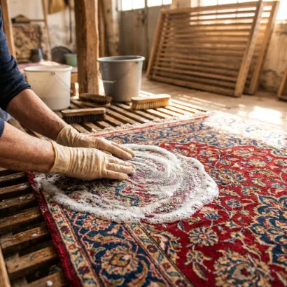 Gloved hands working soap foam into a red and blue Persian rug on a wooden washing rack