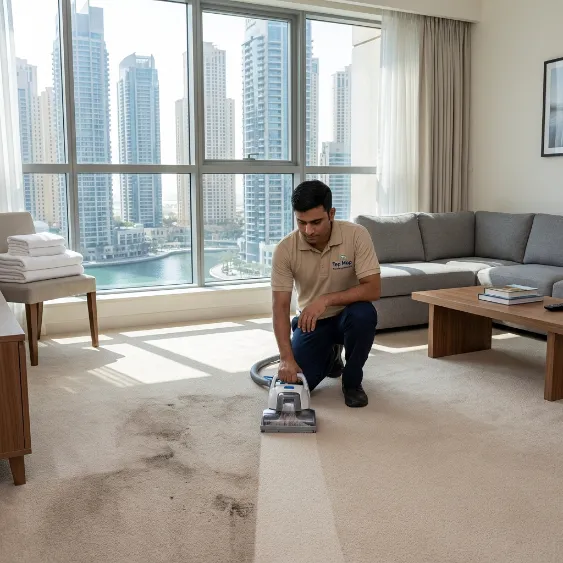 Professional technician performing fast-drying carpet cleaning in a Dubai Marina holiday apartment
