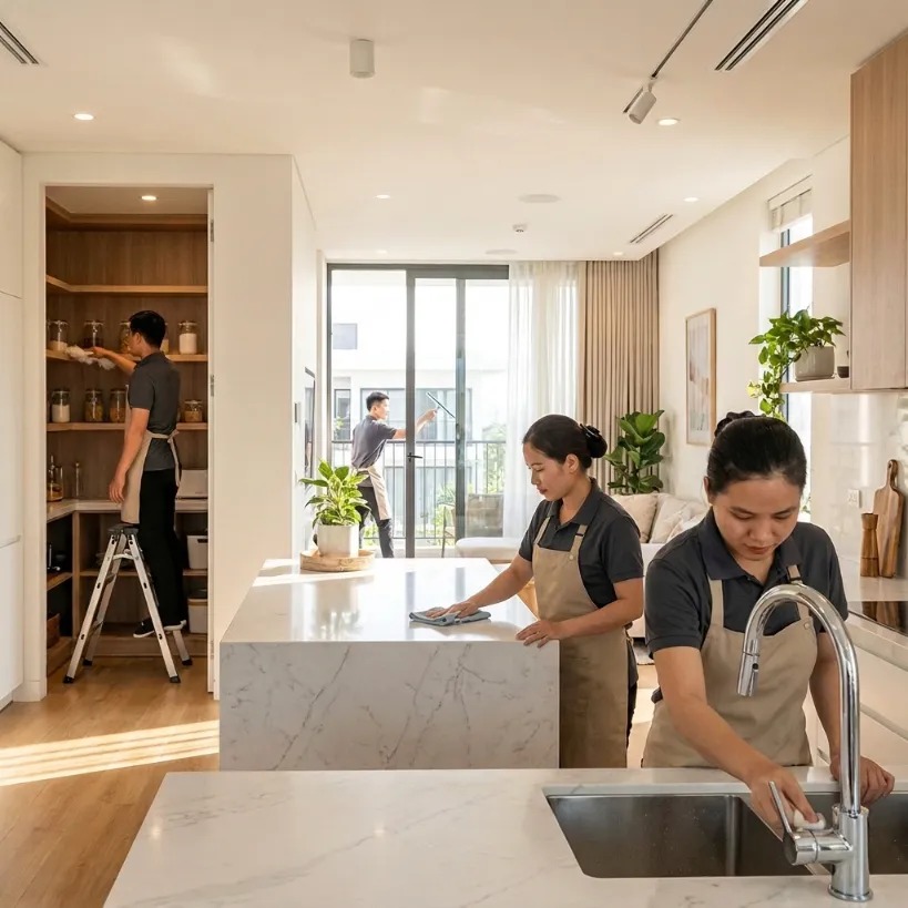 Professional cleaners cleaning a modern villa interior in Sharjah