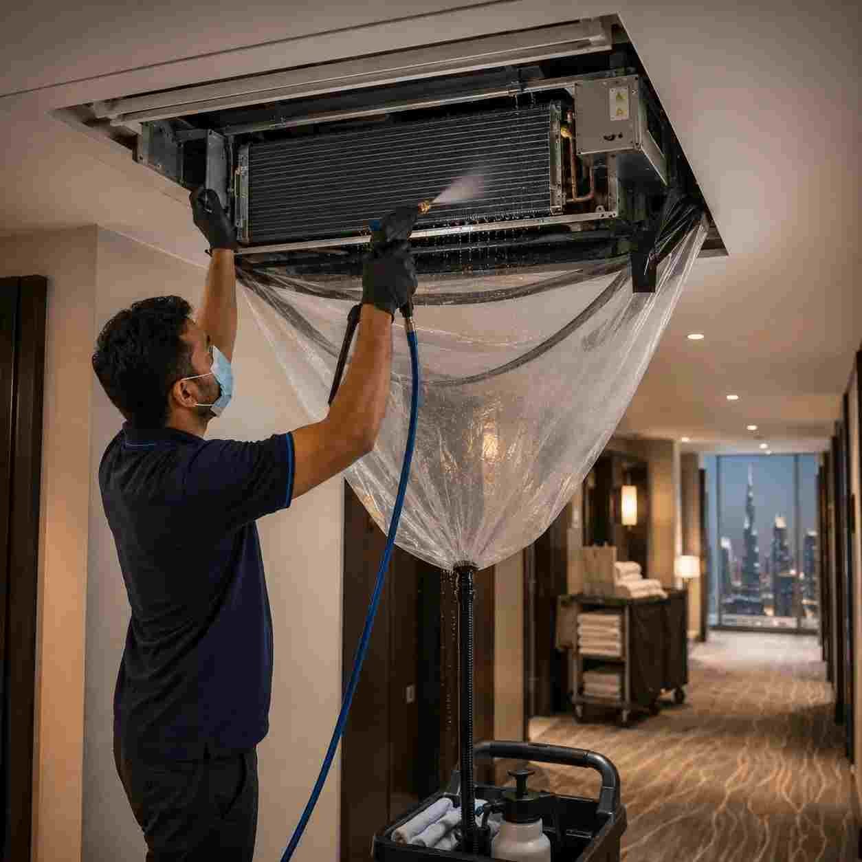 Technician cleaning an FCU coil in a Downtown Dubai hotel
