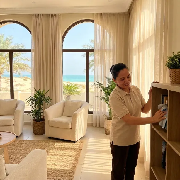 Smiling cleaner dusting a wooden shelf with ocean view in background