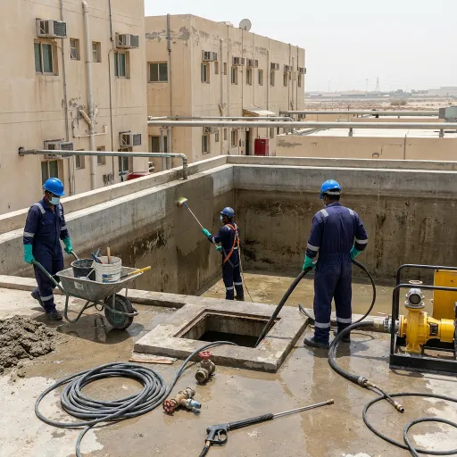 Cleaning technicians servicing a large water tank at an Abu Dhabi industrial accommodation facility