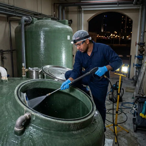 Technician pressure washing the inside of a large industrial water tank