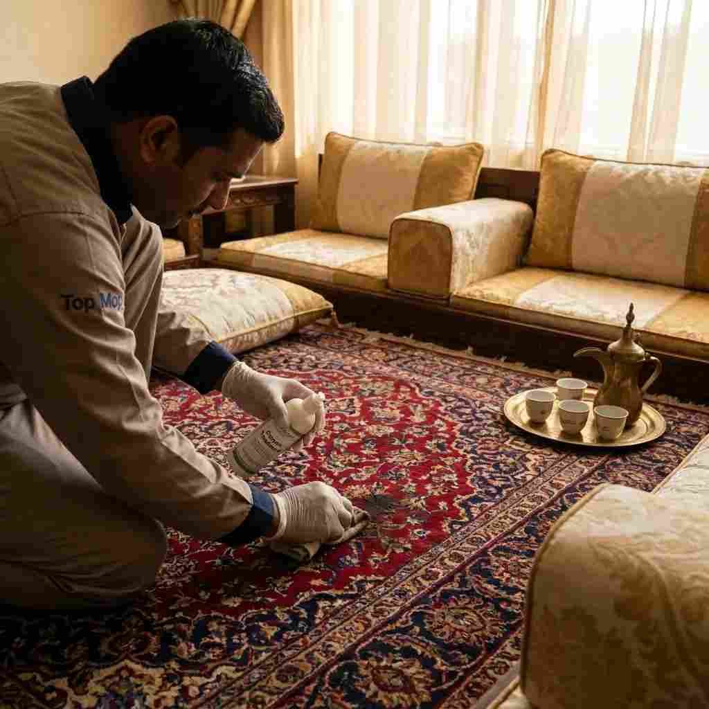 A Top Mop cleaning professional carefully applying enzyme-based treatment to an ornate Abu Dhabi majlis carpet near the center, where oud oil and coffee have left marks, with traditional floor seating undisturbed around the room