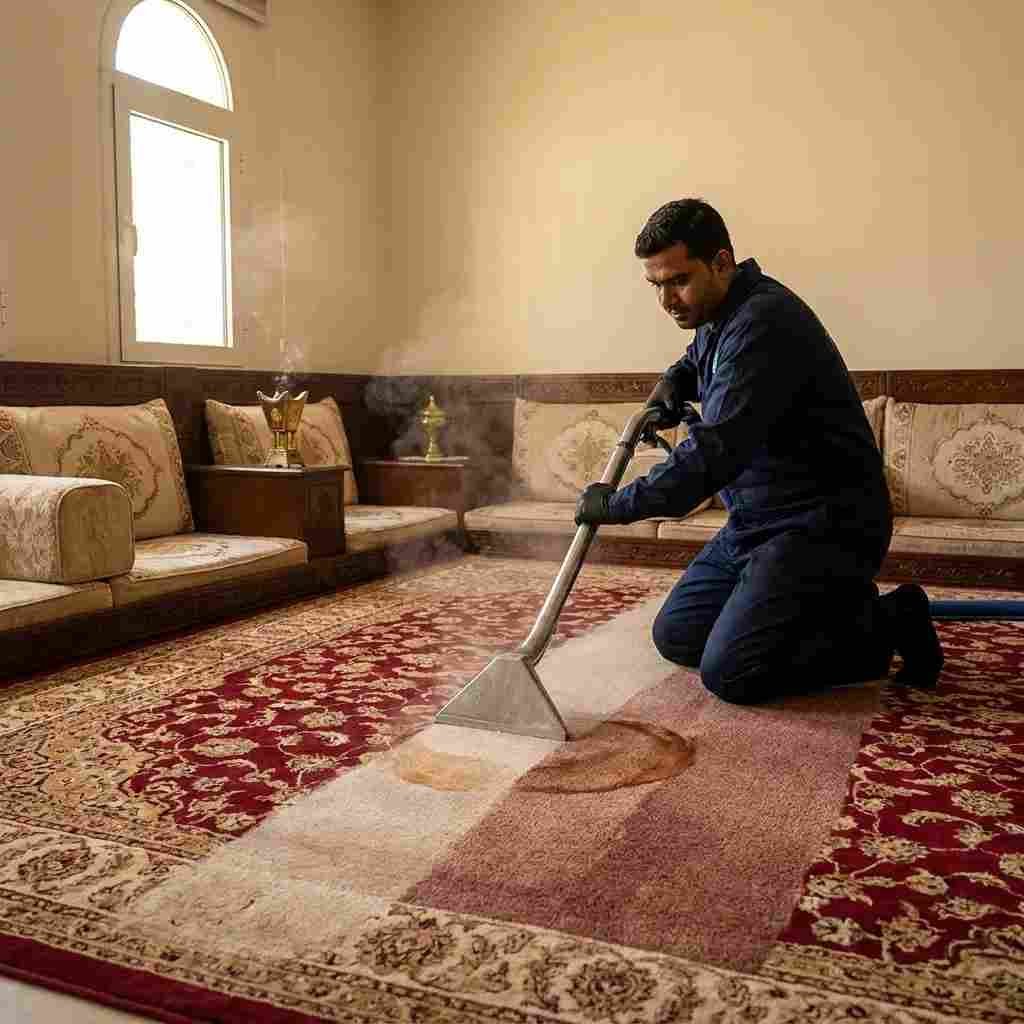 A Top Mop technician carefully guiding a low-moisture extraction wand across a large ornate majlis carpet in a Mussafah home, lifting coffee stains and oud residue while traditional floor seating remains undisturbed