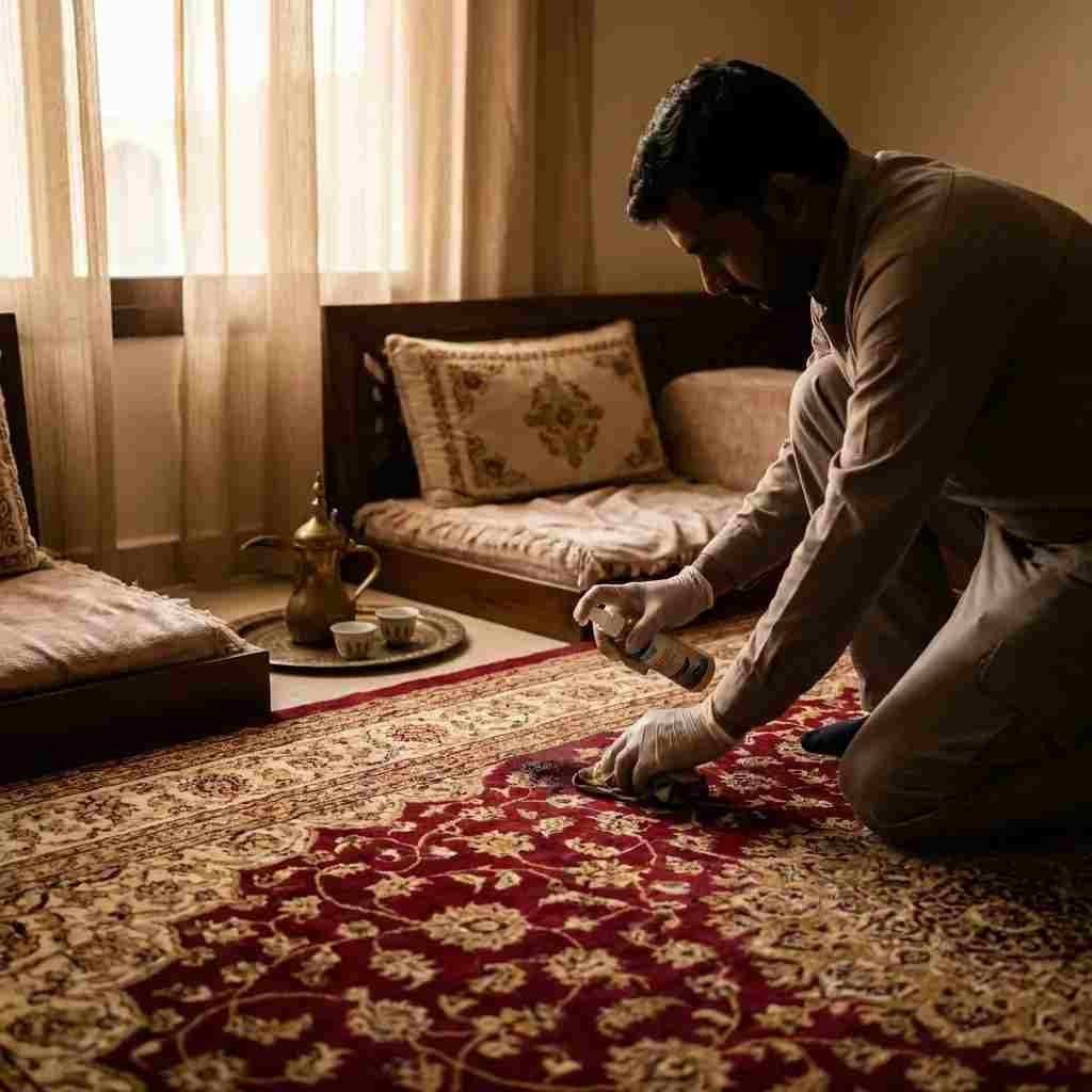A Top Mop cleaning professional carefully treating a coffee stain on a large ornate majlis carpet in a traditional Sharjah sitting room, with low floor seating and cushions undisturbed around the room