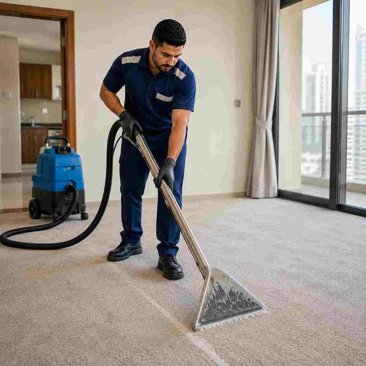 Professional carpet cleaner sanitizing carpet inside a Dubai apartment before handover