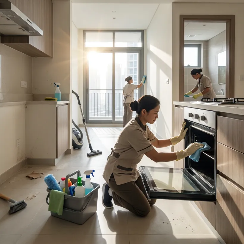 Professional cleaner preparing an empty Dubai apartment for move-in or move-out