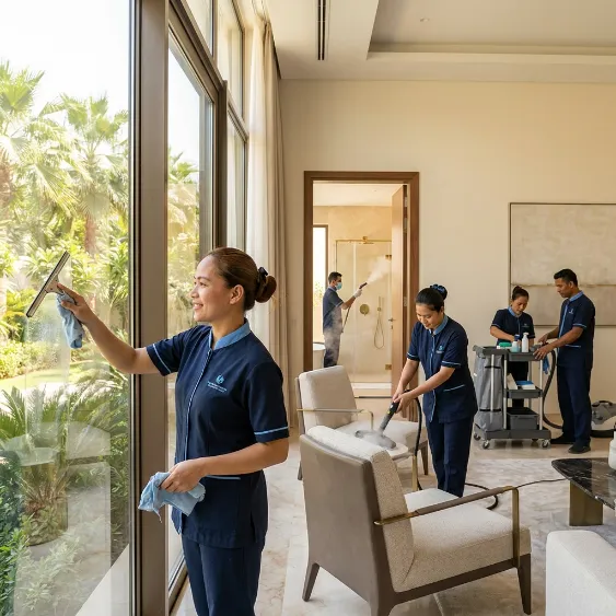 Professional cleaners performing move-out deep cleaning inside a Dubai apartment