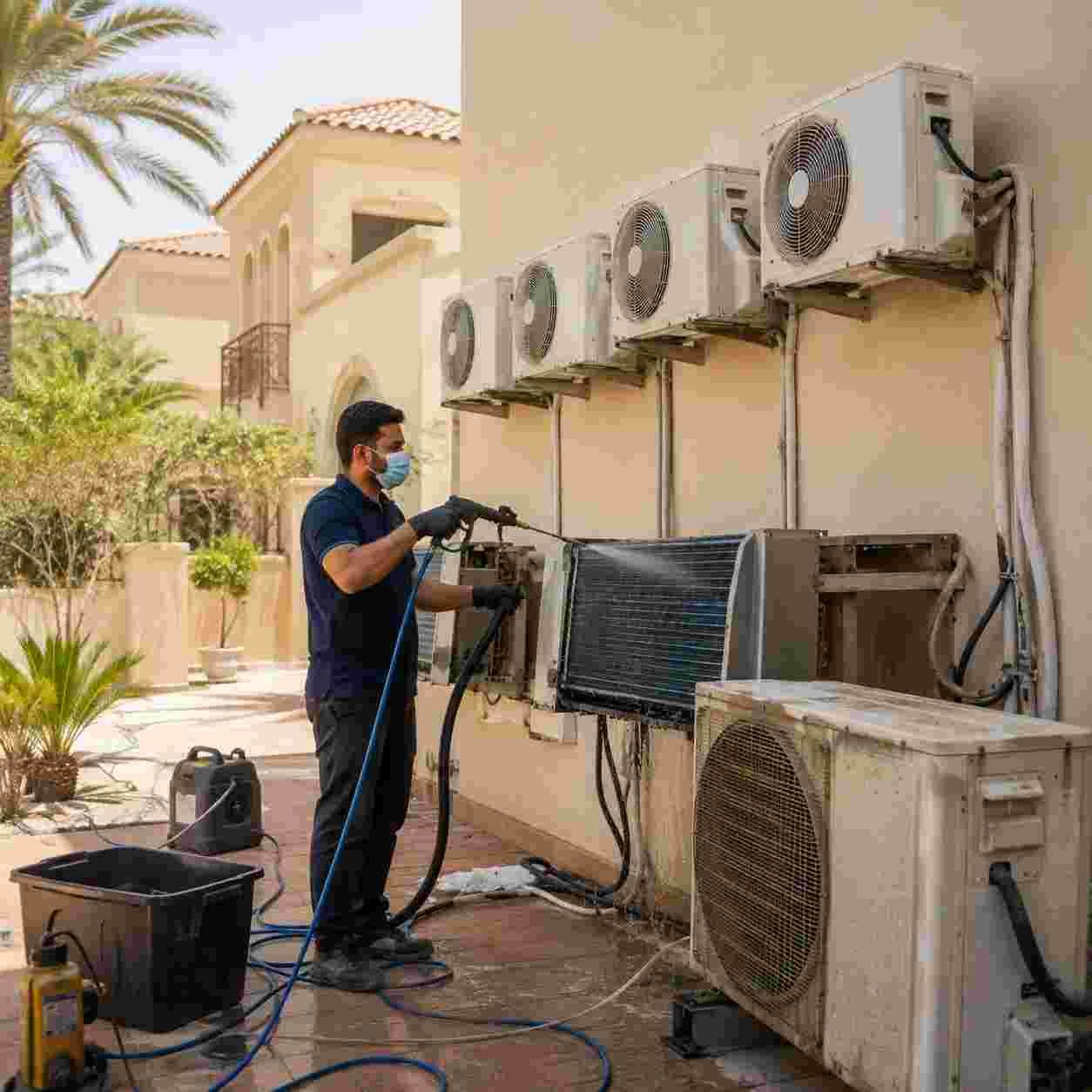 Technician cleaning multiple outdoor AC condenser coils at a Dubai villa