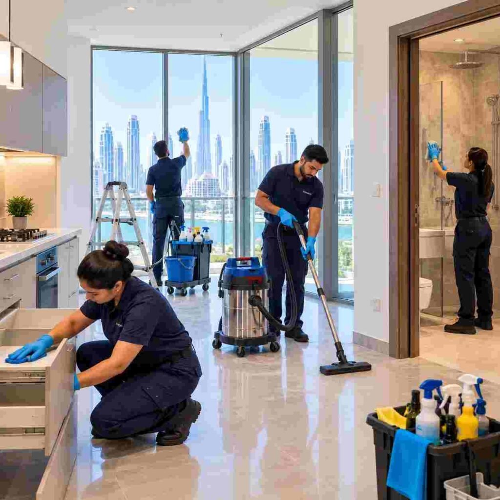 Professional cleaners removing construction dust from a new-build apartment in Dubai Creek Harbour