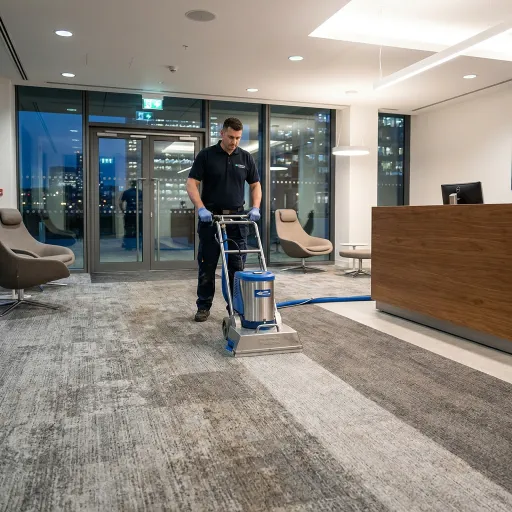 Professional technician cleaning high-traffic carpet in a Dubai Marina commercial property