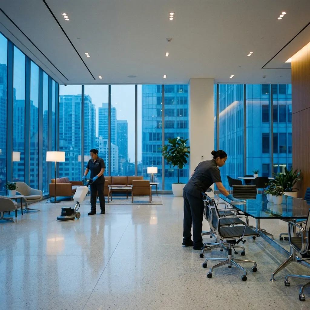 Professional cleaning team maintaining a commercial office in Sharjah