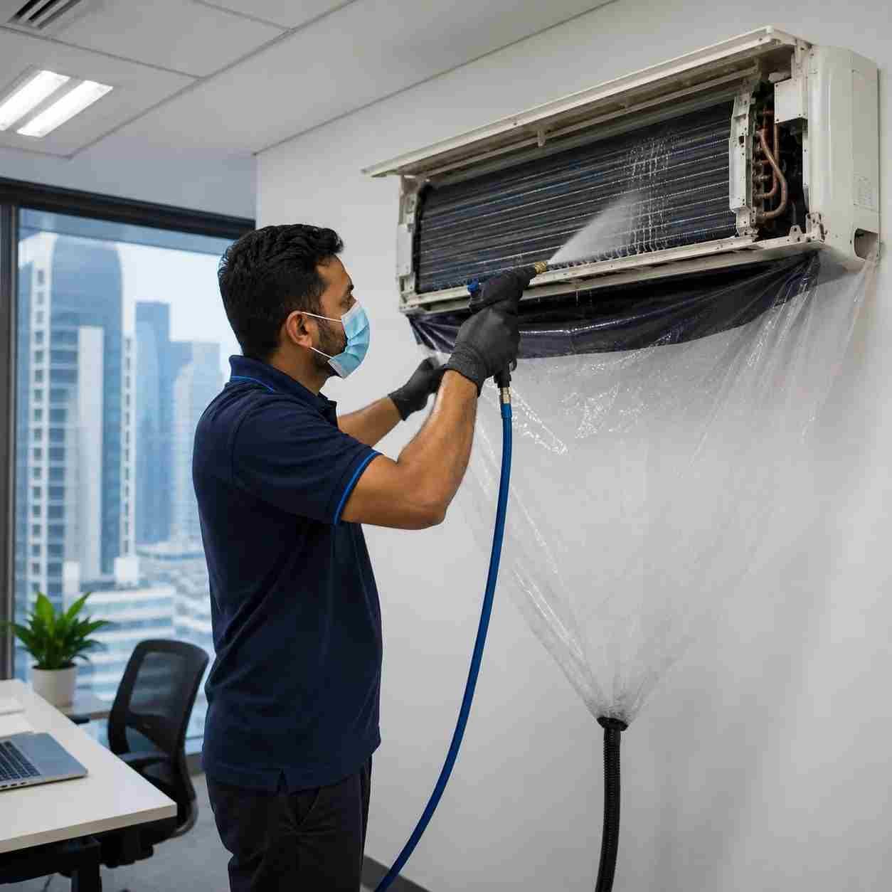Technician deep cleaning a split AC coil in a Business Bay office