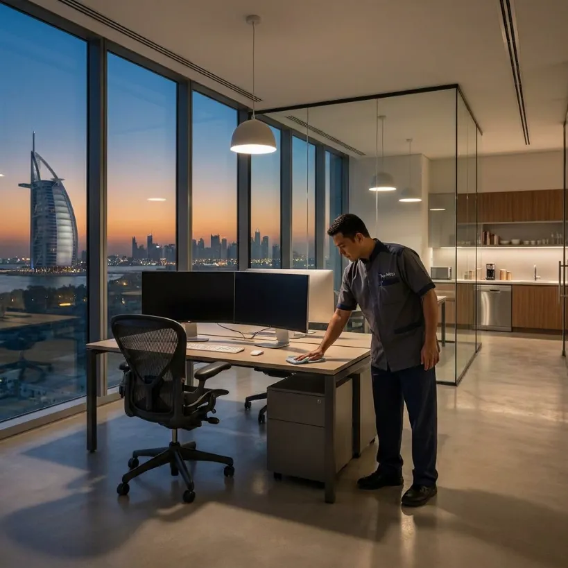 Professional cleaner wiping an office workstation in Dubai