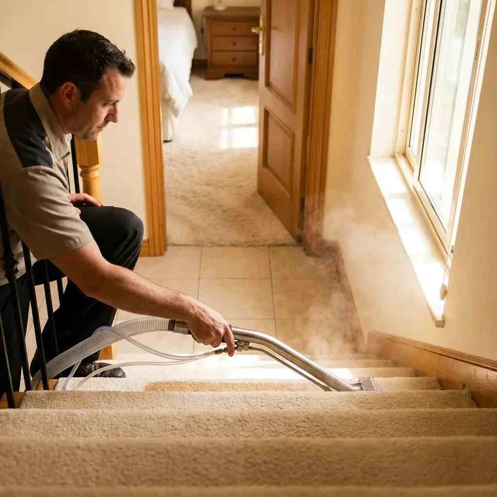A Top Mop technician using a hot water extraction wand to clean a high-traffic carpeted staircase in a bright Sharjah villa, with the untouched fluffy bedroom carpet visible in the background