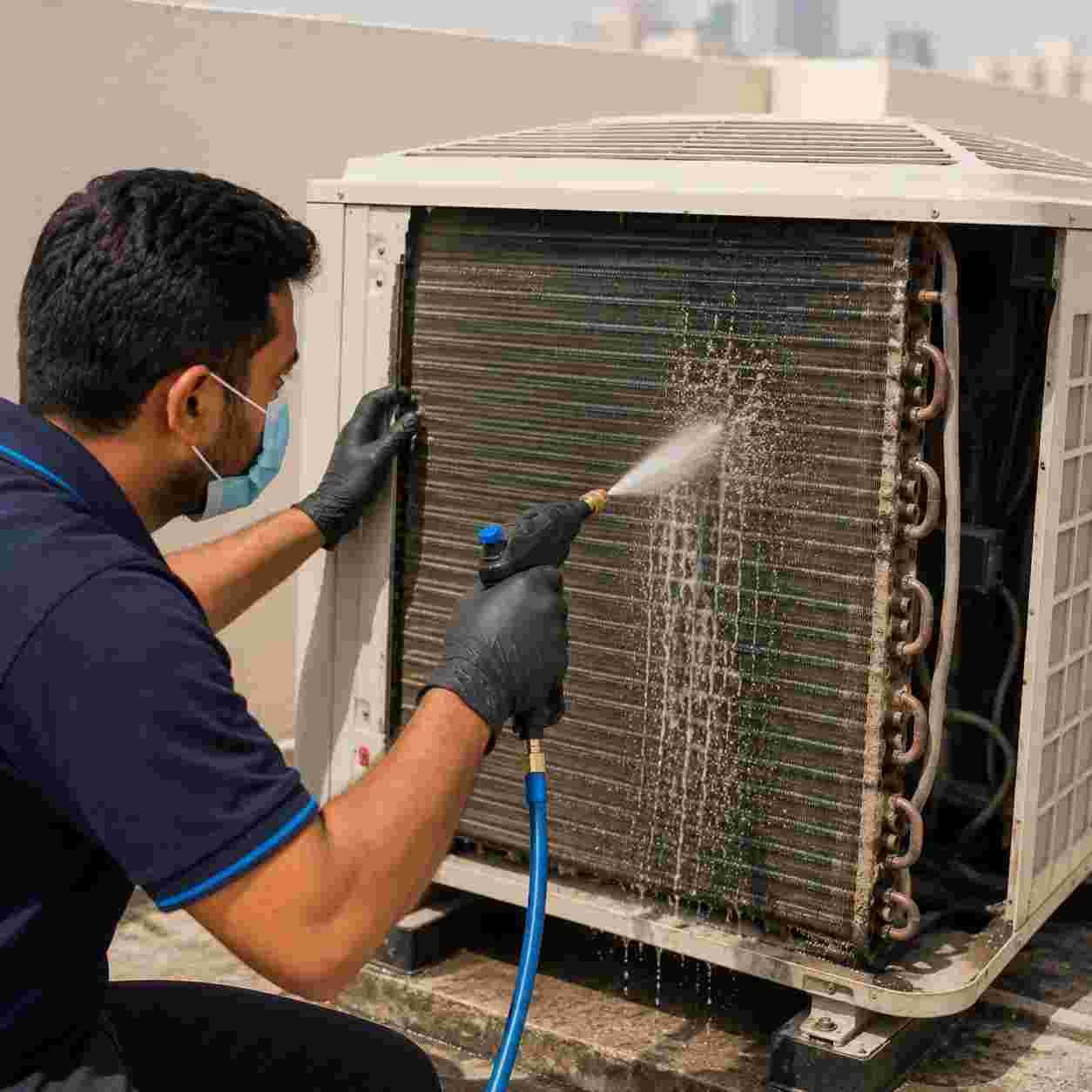Technician pressure cleaning an outdoor AC condenser coil