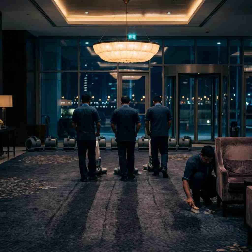 A Top Mop cleaning crew working overnight in a dimly lit luxury hotel lobby on Al Maryah Island, guiding rotary shampoo machines across deep charcoal commercial carpet while treating coffee stains by hand