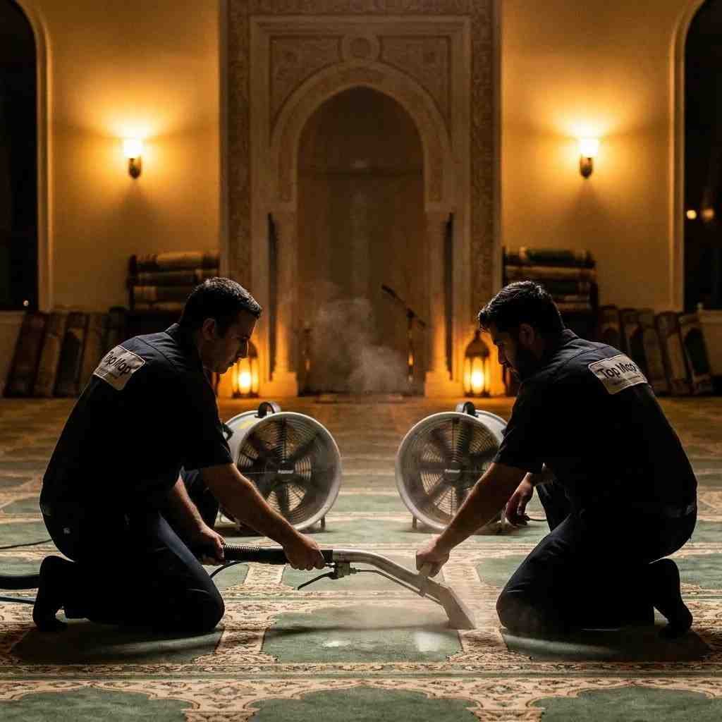 A Top Mop cleaning crew working quietly overnight in a softly lit mosque prayer hall, cleaning large patterned carpets in sections with air movers drying the fibers behind them