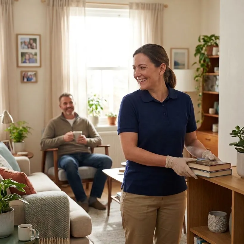 Professional cleaner vacuuming a modern apartment during hourly cleaning service