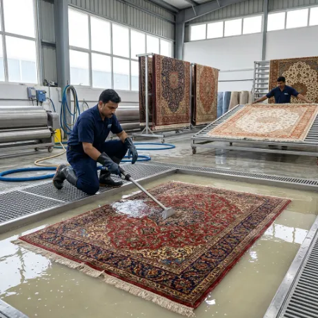 Professional technician washing a handmade Persian rug at a Dubai cleaning facility