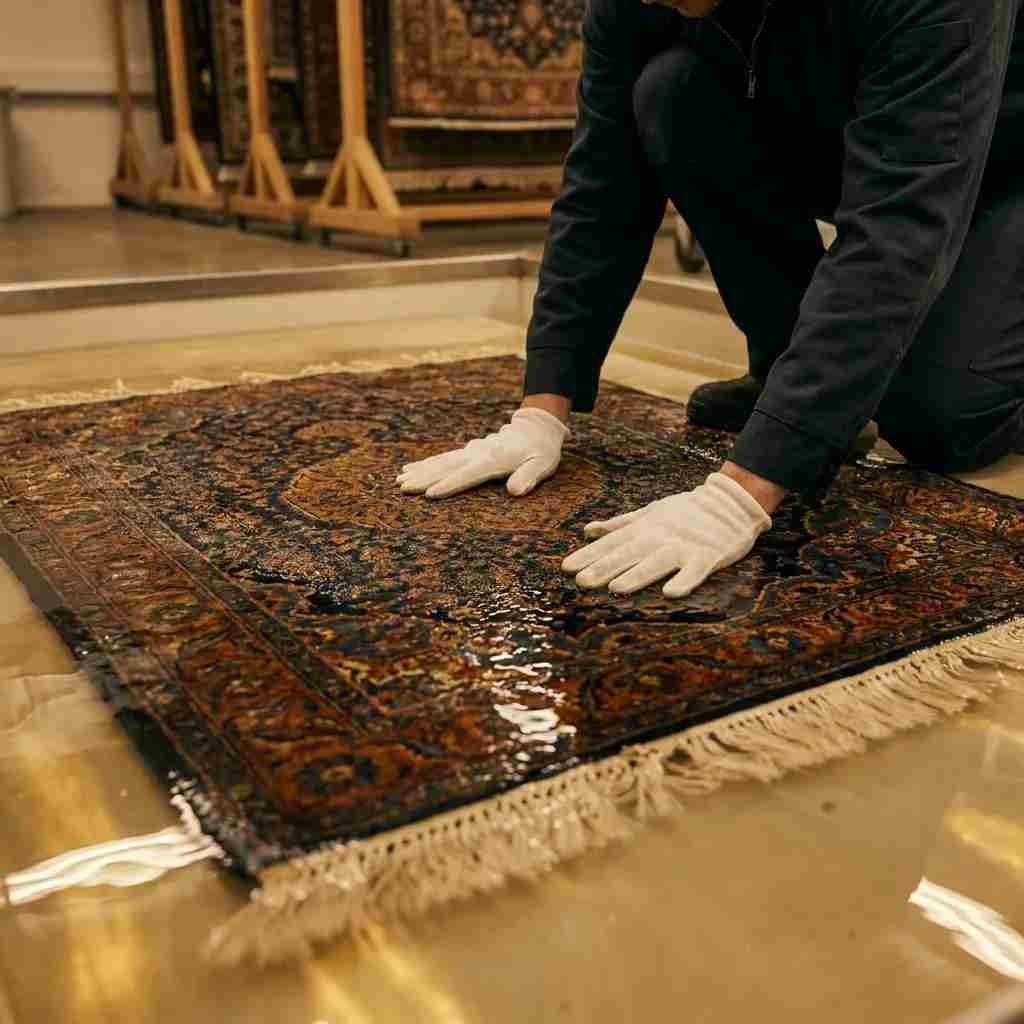 A large hand-knotted Persian rug with deep indigo and rust tones being washed by immersion in a clear bath, while a Top Mop technician gently guides water through the wool with gloved hands