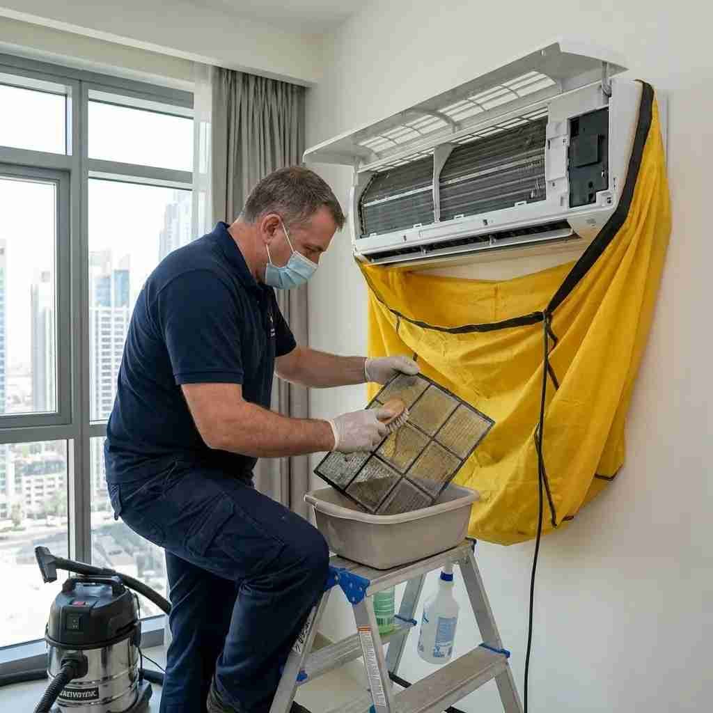 Professional AC cleaning technician deep cleaning a split AC unit in Dubai