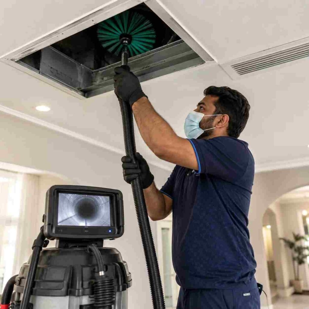 Technician cleaning an AC duct with rotary brush and inspection equipment
