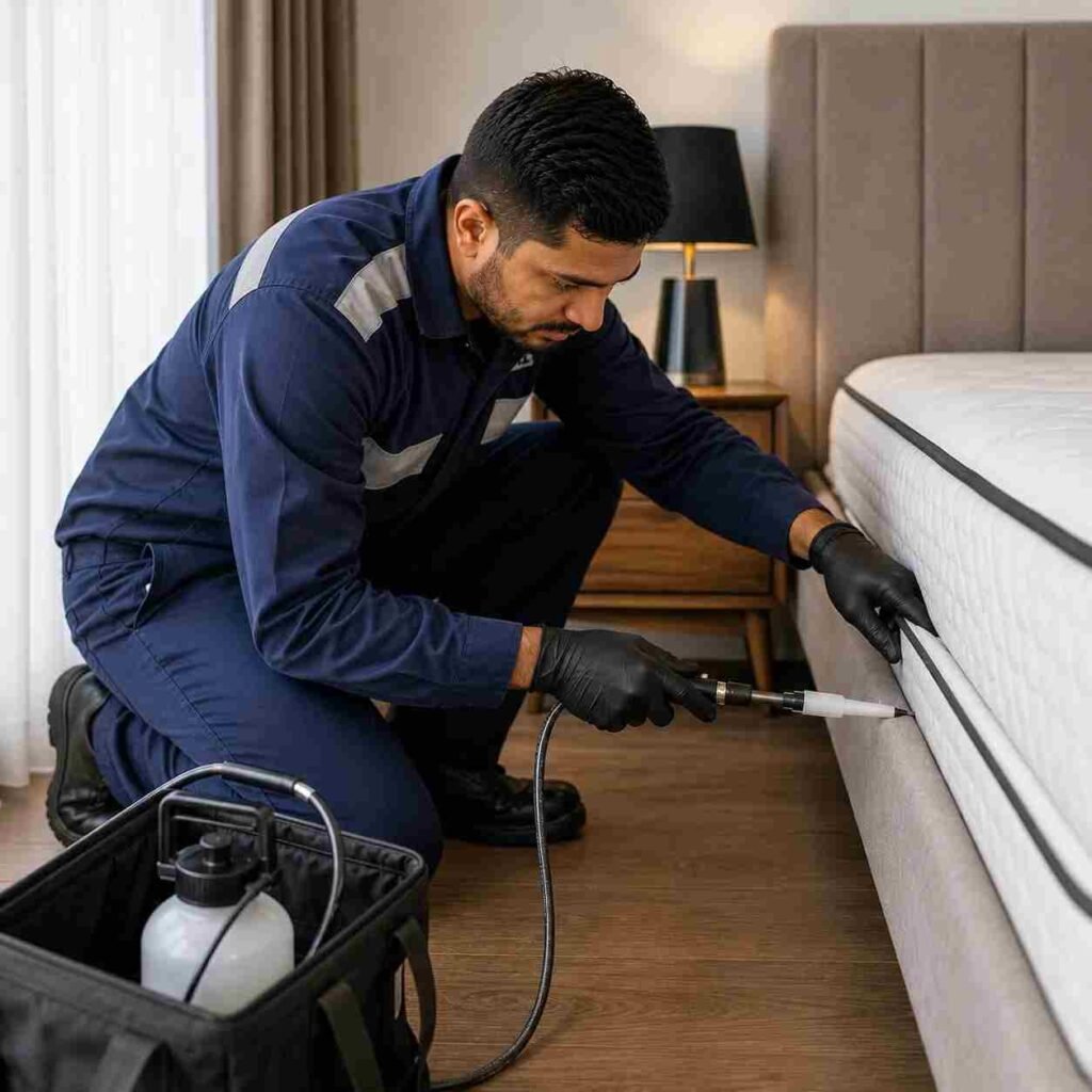 Pest control technician treating a mattress seam for bed bugs in a Dubai bedroom