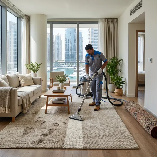 Professional technician cleaning a carpet inside a modern Dubai Marina apartment