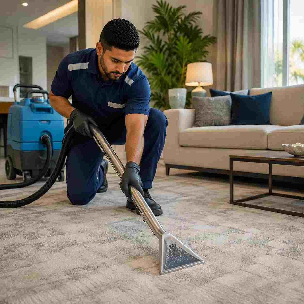 Professional carpet cleaner using hot water extraction equipment on a residential carpet in Dubai