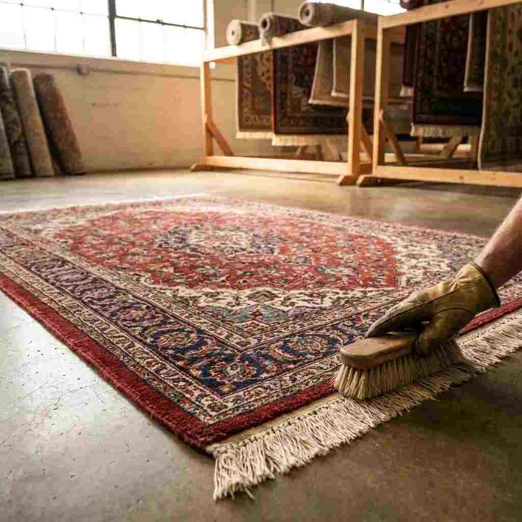 A freshly cleaned Persian wool rug with vibrant red and ivory patterns drying in soft natural light, while a Top Mop technician gently brushes the fringe with care inside a professional carpet cleaning facility