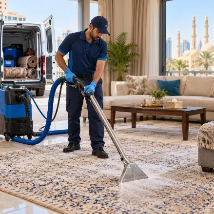 Professional carpet cleaner using hot water extraction on a large carpet in an Ajman home