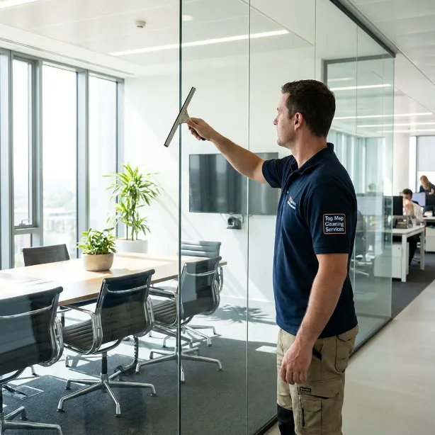Professional cleaner using a squeegee to clean office glass partitions in Dubai